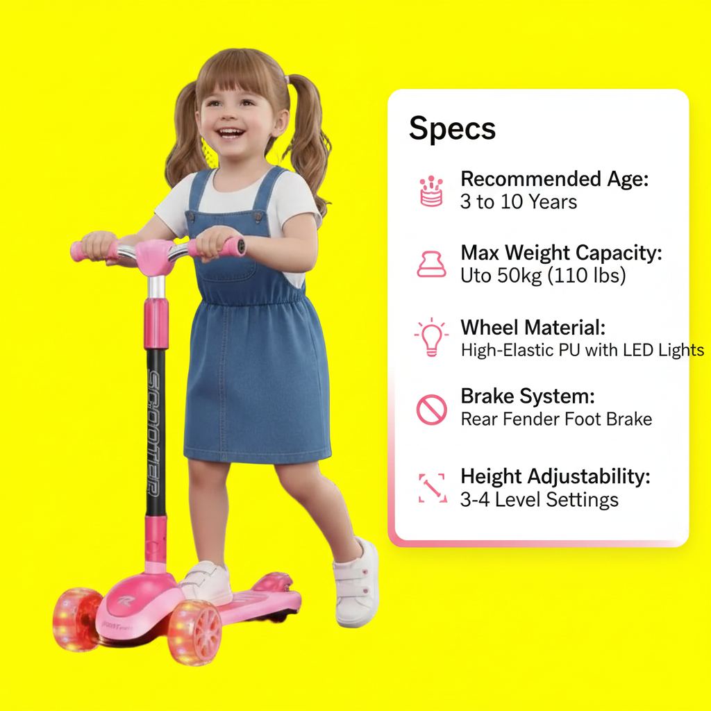 Kids Girls 3-Wheel Glow Manual Scooter Age 3-10