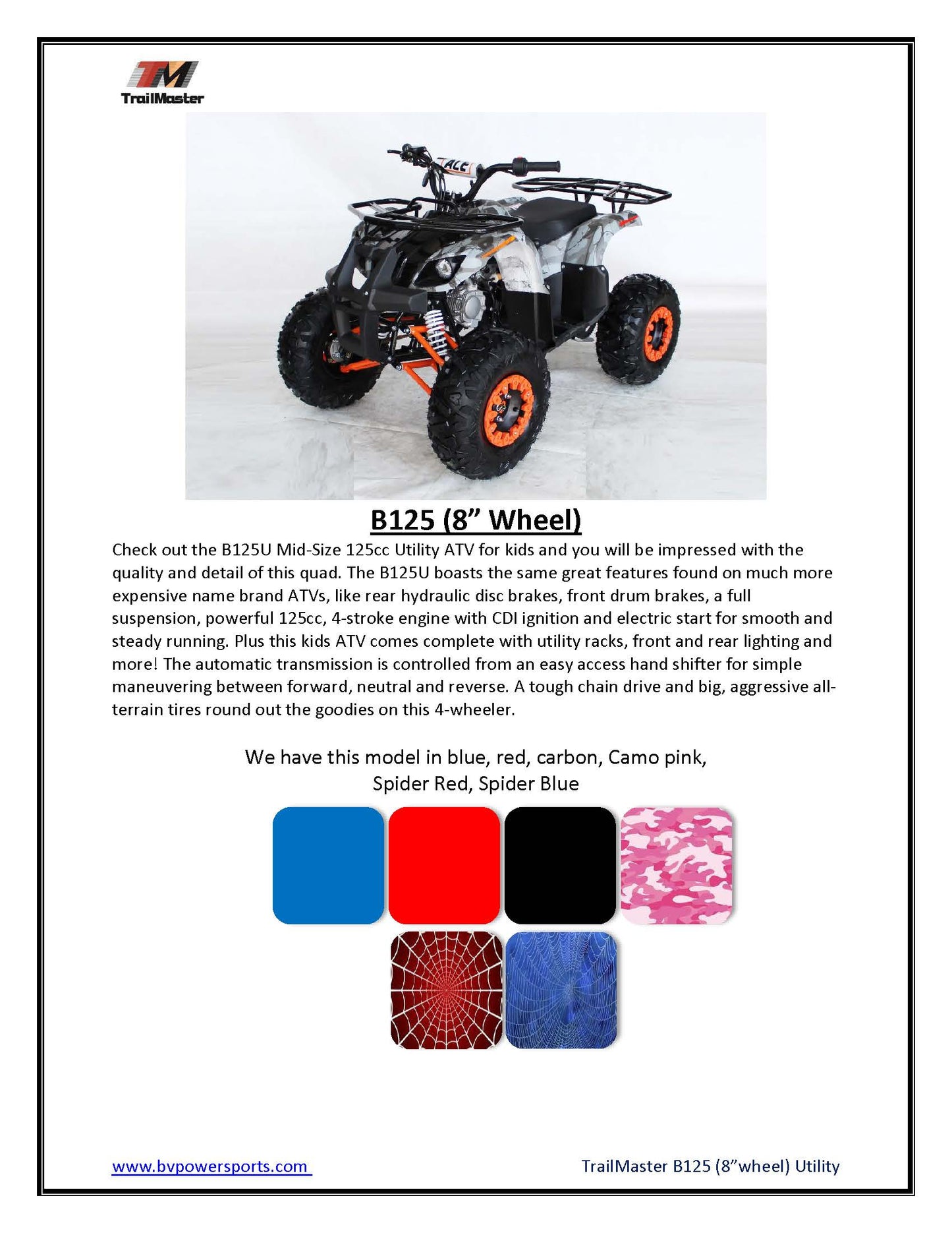TrailMaster B125 Youth ATV - 107cc, 29 inch Seat Height, Automatic Transmission with Reverse, Electric Start, Bead Lock Style Rims