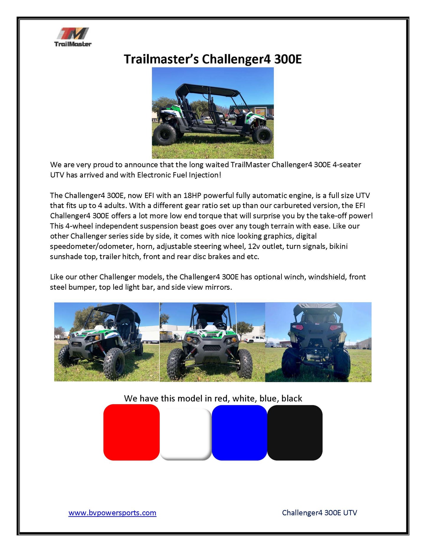 TrailMaster Challenger 4-300 EFI, Automatic, Fuel Injected, 52 Inches Wide, Water Cooled, Solid Live Rear Axle
