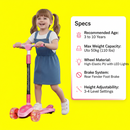 Kids Girls 3-Wheel Glow Manual Scooter Age 3-10