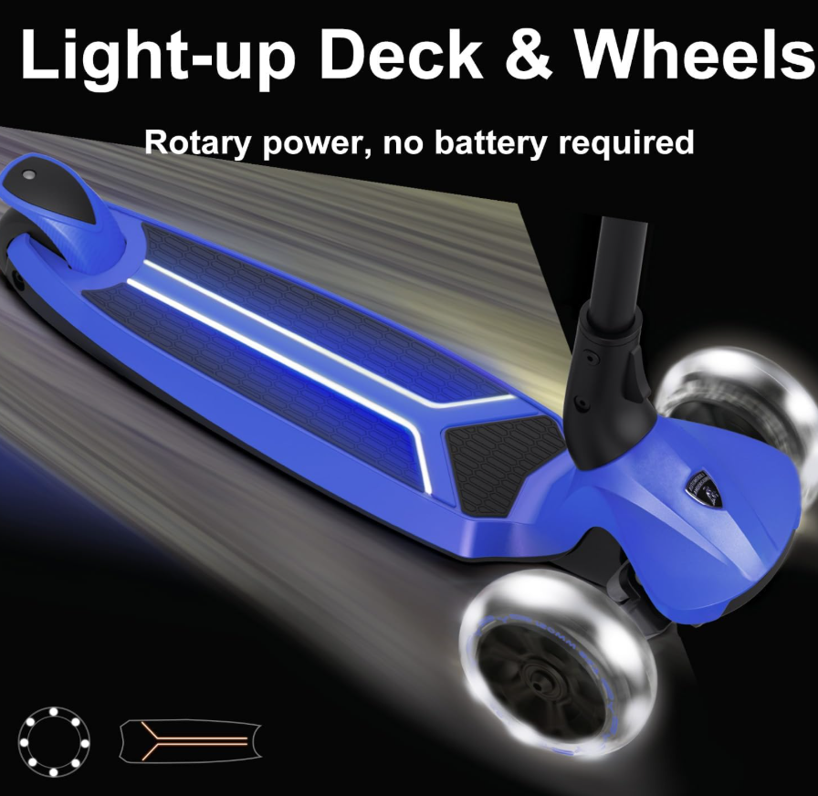 Lamborghini Kids Scooter for Ages 3-7, 3 Wheel Scooter with Light Up Wheels and LED Tray, Adjustable Height