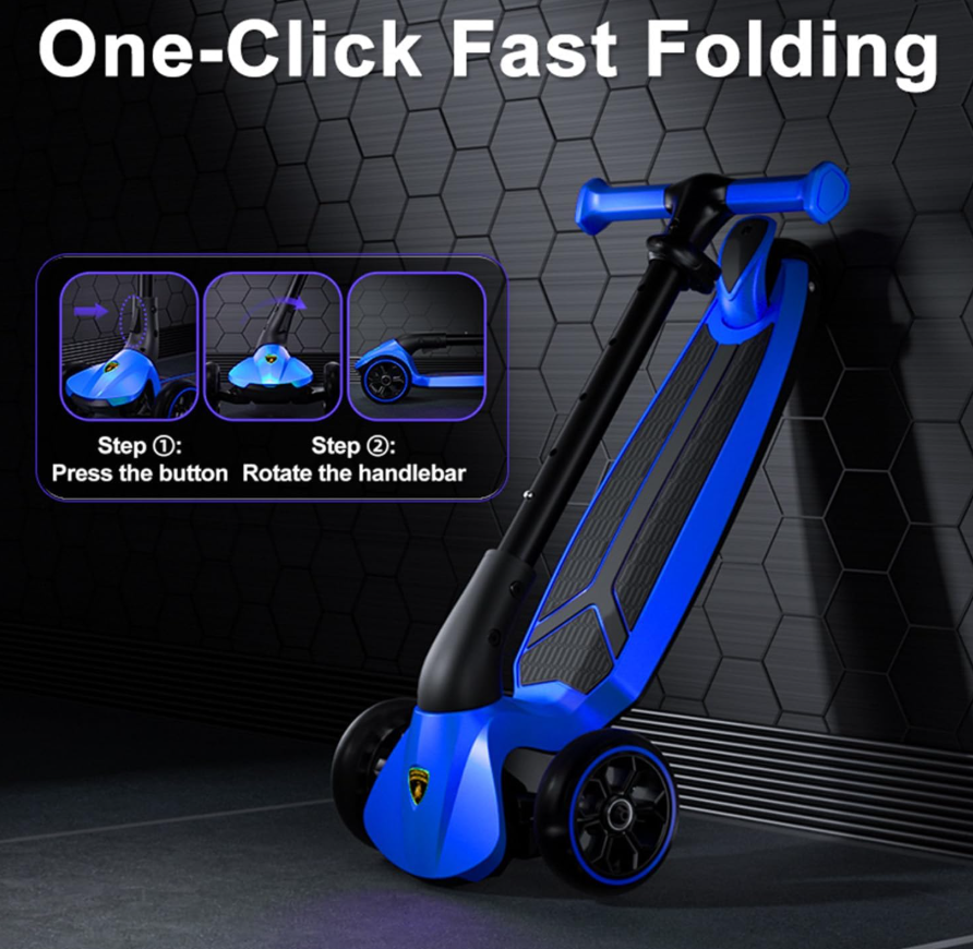 Lamborghini Kids Scooter for Ages 3-7, 3 Wheel Scooter with Light Up Wheels and LED Tray, Adjustable Height