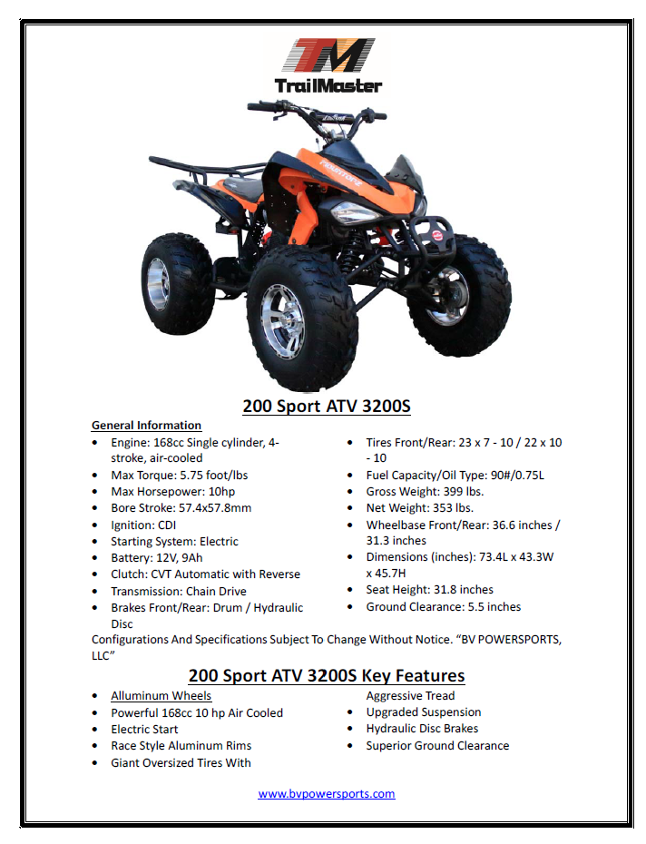 Coolster 3200S, Sports Style, Full sized ATV, Alloy Rims, Automatic with reverse, Wider front end, Front and rear  brakes, Electric Start