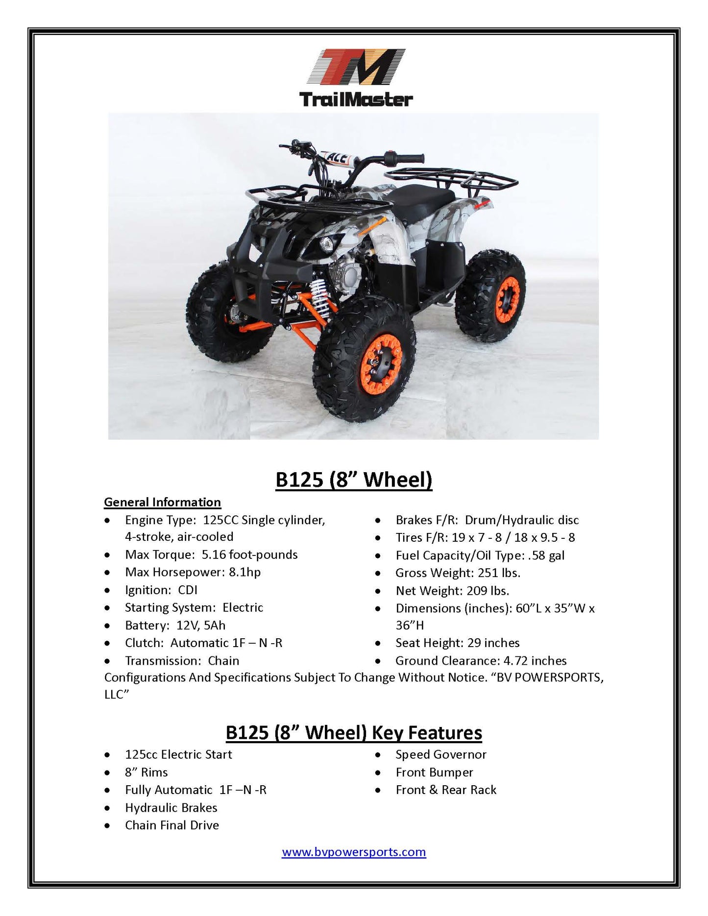 TrailMaster B125 Youth ATV - 107cc,  29 inch Seat Height, Automatic Transmission with Reverse, Electric Start, Bead Lock Style Rims