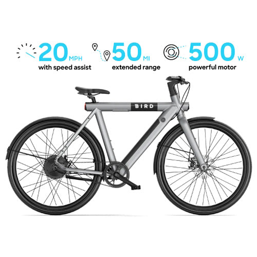 Bird - A-Frame eBike, 500Watt Motor Electric Bike, 50mi Max Range, Embedded Dash Display, Removable Battery, and App Compatible Moped With Pedals 182 - Grey