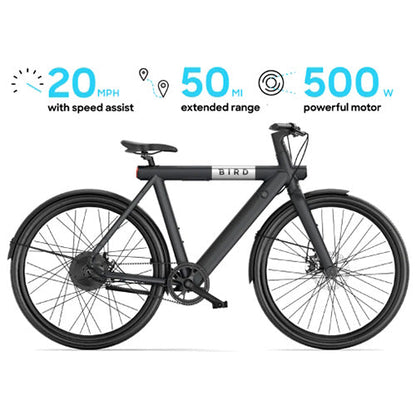 Bird - A-Frame eBike, 500Watt Motor Electric Bike, 50mi Max Range, Embedded Dash Display, Removable Battery, and App Compatible Moped With Pedals 182 - Grey