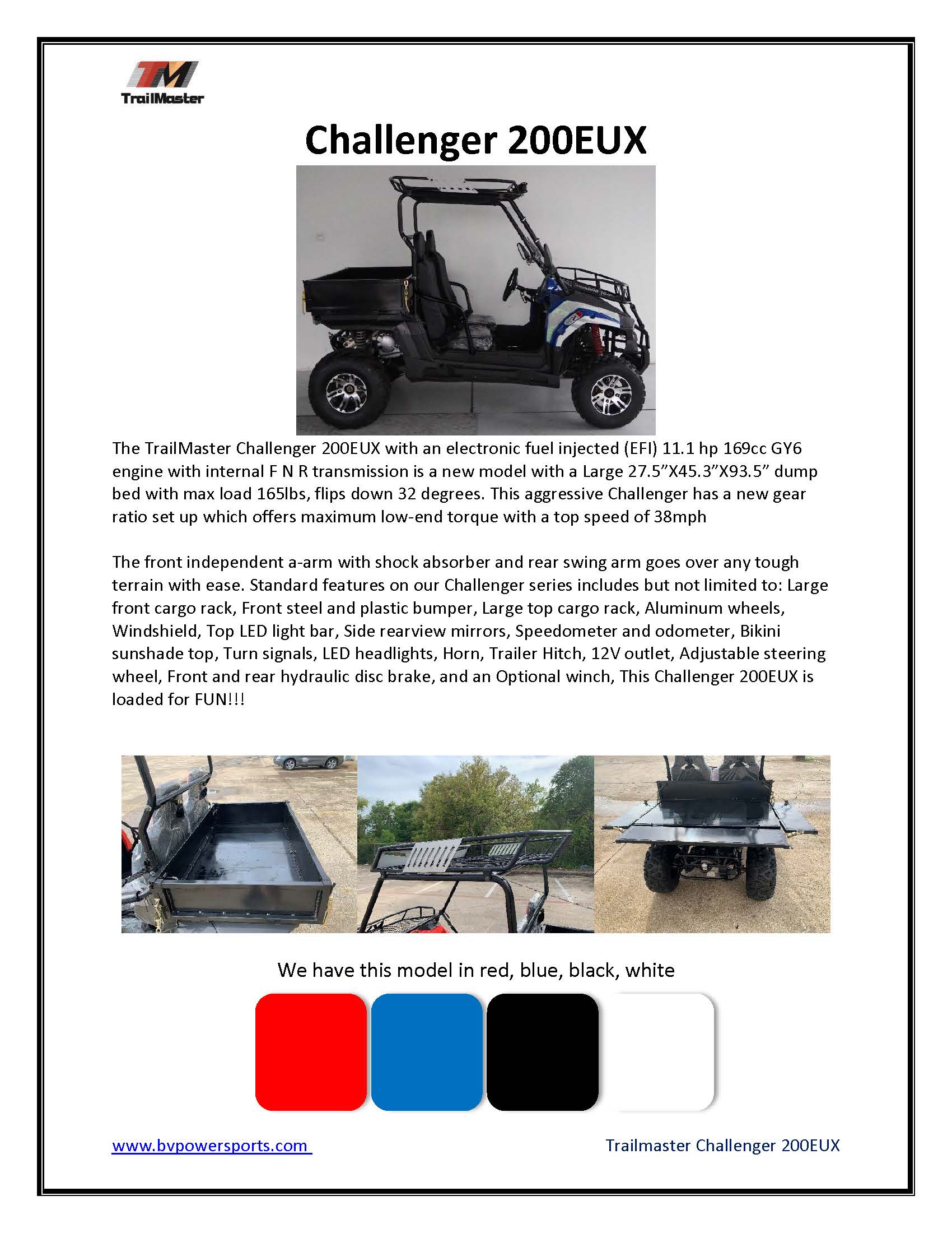Trailmaster Challenger 200EUX EFI, The Ultimate Challenger Cross Over. Automatic, Low End Torque, Racks and Light Bar included