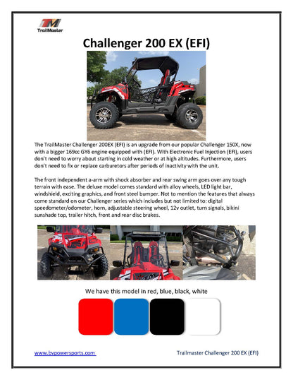 TrailMaster Challenger 200EX EFI UTV Deluxe, Windshield, Push Bar, Chrome Rims, Light bar included