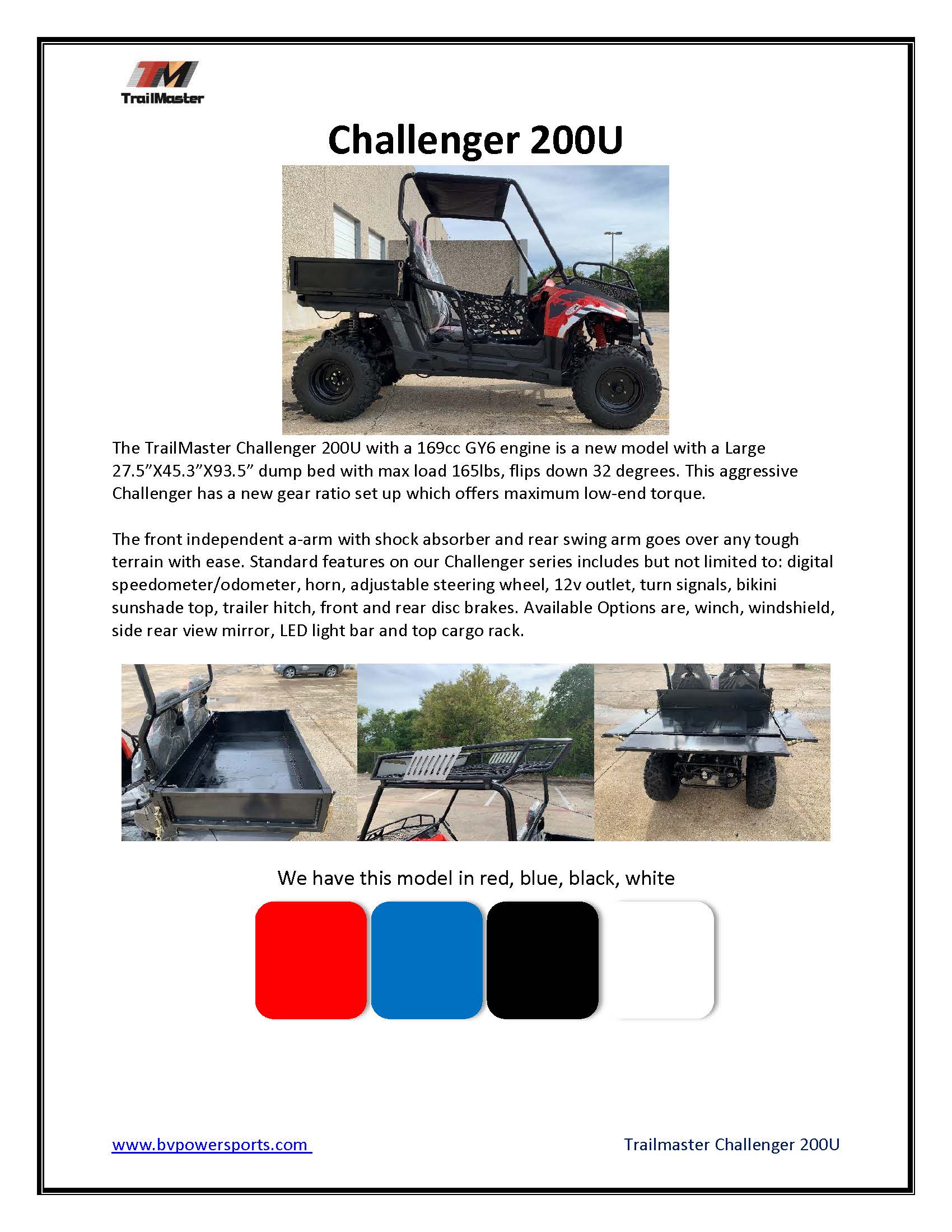 TrailMaster Challenger 200U Back Woods UTV - 168.9cc 11.1HP Engine, Automatic, Front Cargo Rack, Rear Dump Bed, Suitable for Ages 16 & Older