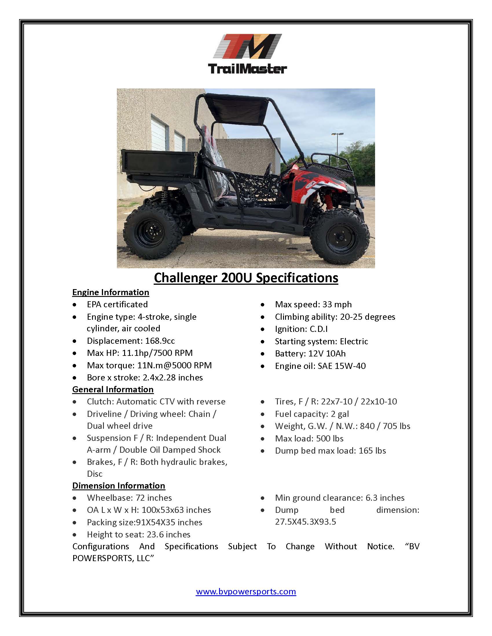 TrailMaster Challenger 200U Back Woods UTV - 168.9cc 11.1HP Engine, Automatic, Front Cargo Rack, Rear Dump Bed, Suitable for Ages 16 & Older