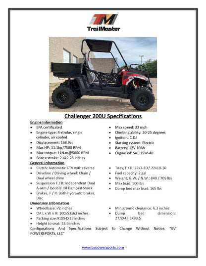 TrailMaster Challenger 200U Back Woods UTV - 168.9cc 11.1HP Engine, Automatic, Front Cargo Rack, Rear Dump Bed, Suitable for Ages 16 & Older