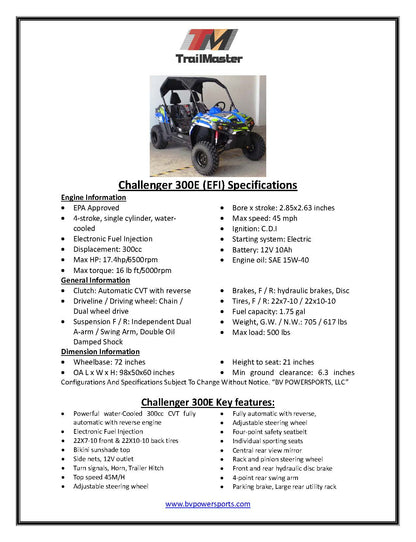 Trailmaster Challenger 300E EFI UTV / side-by-side, 52 Inch Wide, High Back Seats, CVT trans, Intergrated Hitch, Cargo Area, Bimini Top