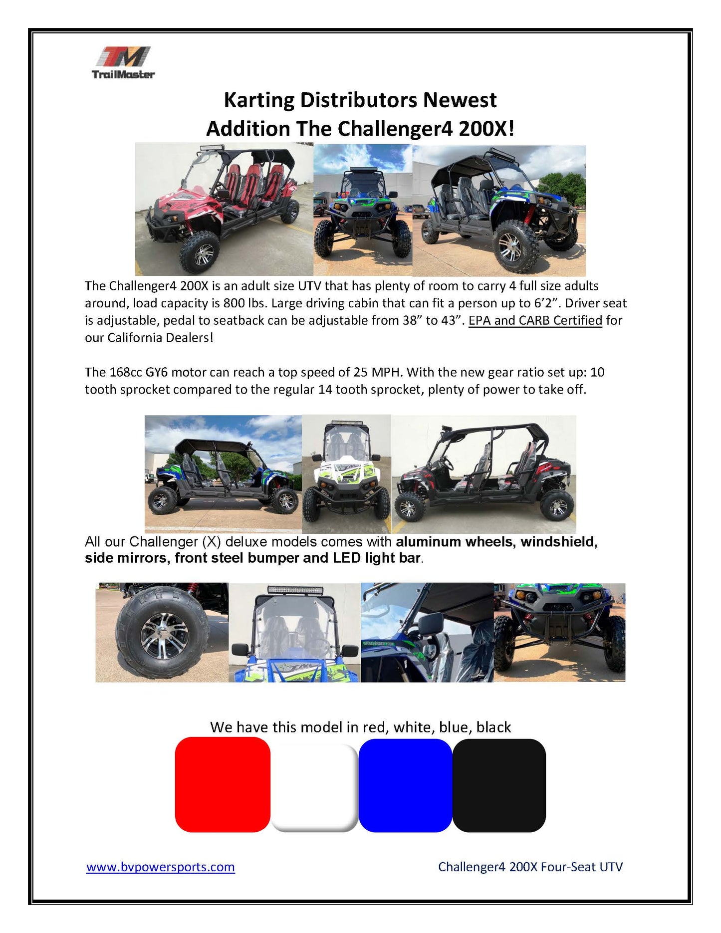 TrailMaster Challenger 4-200X 4 Seats UTV side-by-side, Automatic Transmission, Throttle limiter