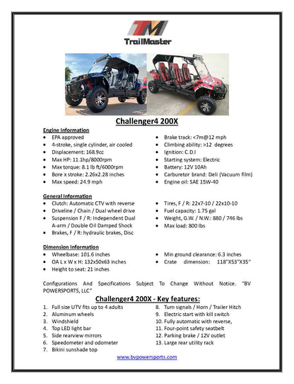 TrailMaster Challenger 4-200X 4 Seats UTV side-by-side, Automatic Transmission, Throttle limiter