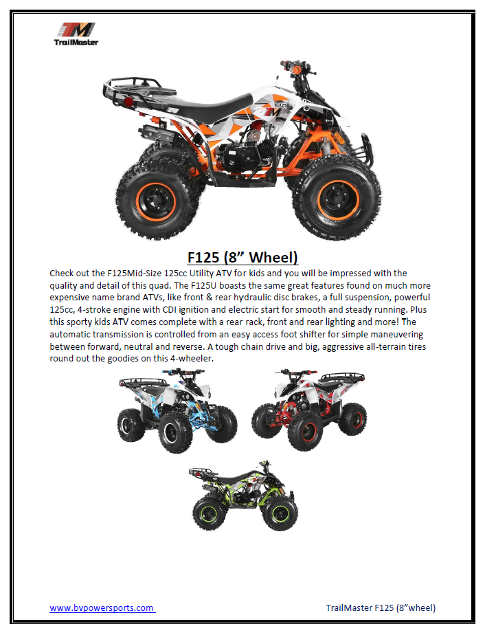 TrailMaster F125 Youth ATV, 8" wheel, 125cc 4-stroke, air-cooled, Automatic with Reverse. electric start, Throttle Limiter,