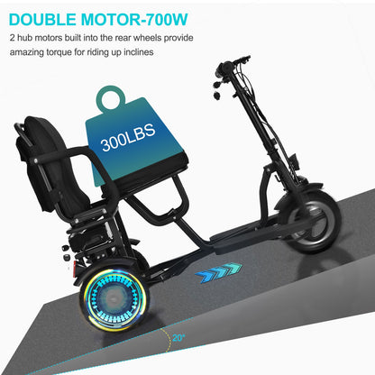 MotoTec | Folding Mobility Electric Trike 48v 700w Dual Motor Lithium Black