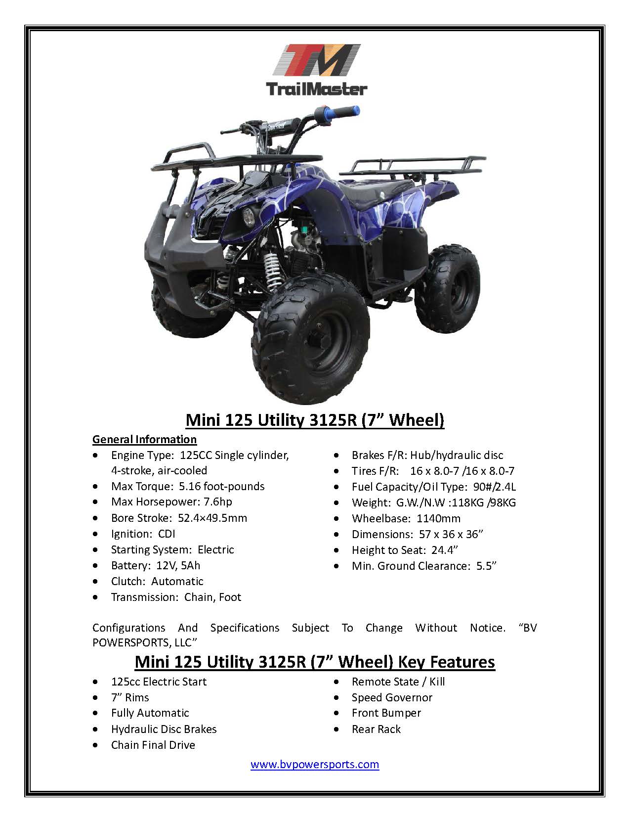 Coolster 3125R Mid-Size Deluxe Utility Youth Quad - 120cc, Automatic with Reverse, Electric Start, Ages 12 and Up