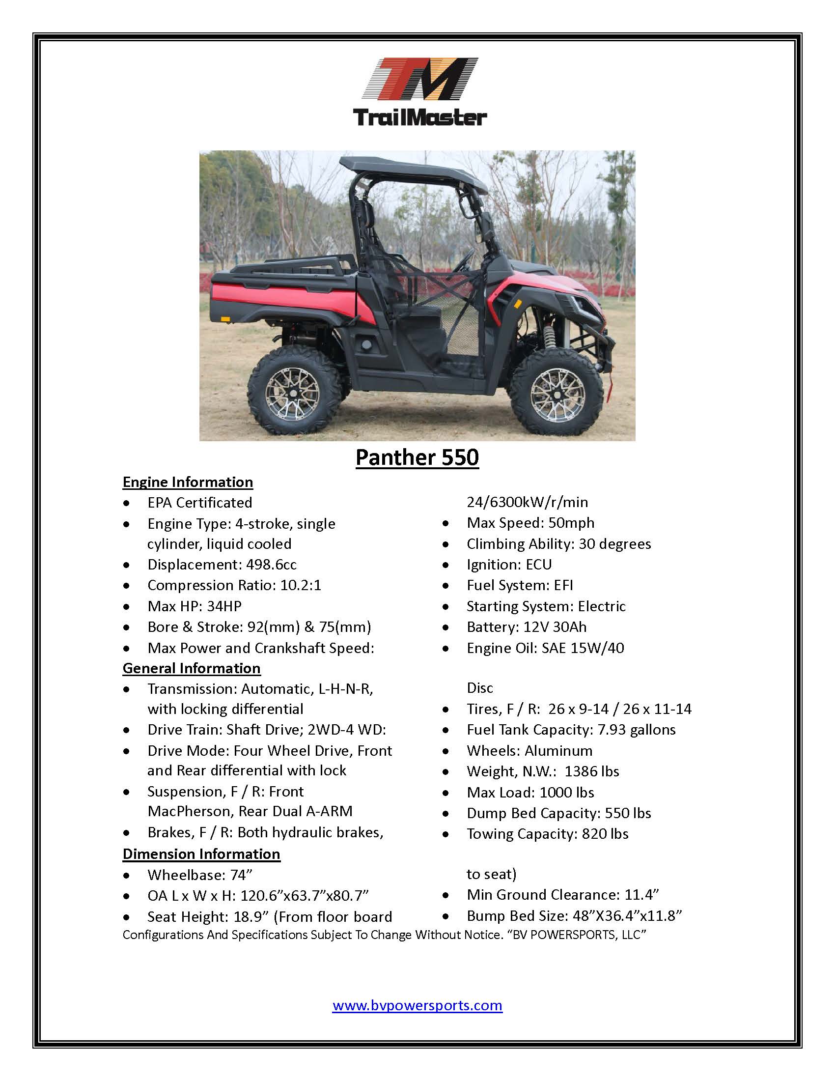 Fully Assembled Trailmaster Panther 550, Four Wheel drive, Larger Body, Heavy duty suspension, 34hp, EFI, High Low Range Automatic Trans, CA Legal, Ship by car carrier