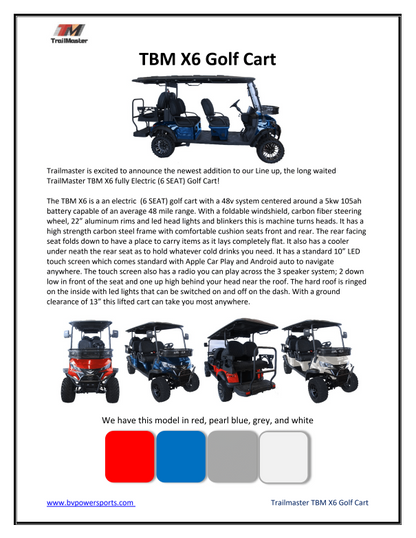 Trailmaster TBM X6 Off Road Golf Cart, Custom Rims, 10 inch LED Screen, Carbon Steel Frame, Radio, Bluetooth, Back Up Camera,