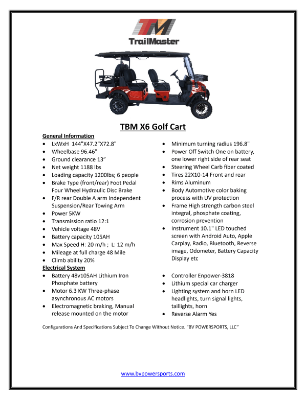 Trailmaster TBM X6 Off Road Golf Cart, Custom Rims, 10 inch LED Screen, Carbon Steel Frame, Radio, Bluetooth, Back Up Camera,