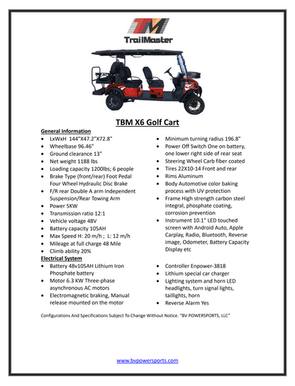 Trailmaster TBM X6 Off Road Golf Cart, Custom Rims, 10 inch LED Screen, Carbon Steel Frame, Radio, Bluetooth, Back Up Camera,
