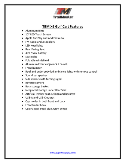 Trailmaster TBM X6 Off Road Golf Cart, Custom Rims, 10 inch LED Screen, Carbon Steel Frame, Radio, Bluetooth, Back Up Camera,
