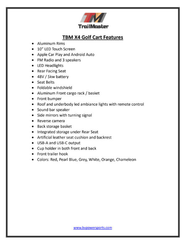 Trailmaster TBM X4, 48V Electric Golf Cart, Four Passenger, Electromagnetic Braking, Custom Rims, Lifted, Ground Effects LED lights, 10.5 LED Display, 48 Mile range, High/Low Trans