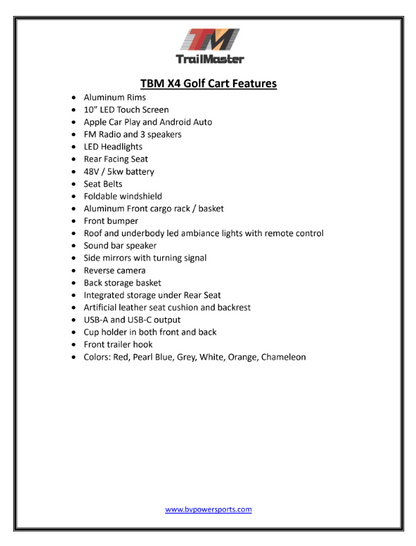 Trailmaster TBM X4, 48V Electric Golf Cart, Four Passenger, Electromagnetic Braking, Custom Rims, Lifted, Ground Effects LED lights, 10.5 LED Display, 48 Mile range, High/Low Trans