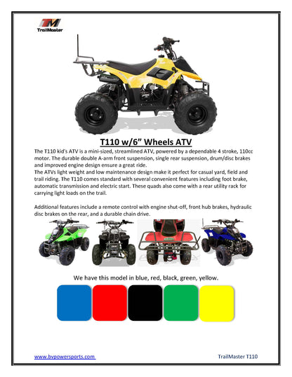 Trailmaster T110 Youth Sports ATV - 6" Wheels, Automatic Transmission, Electric Start, Throttle Limiter, LED Headlight