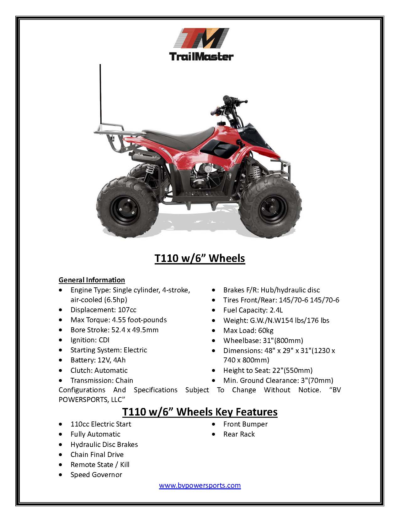 Trailmaster T110 Youth Sports ATV - 6" Wheels, Automatic Transmission, Electric Start, Throttle Limiter, LED Headlight