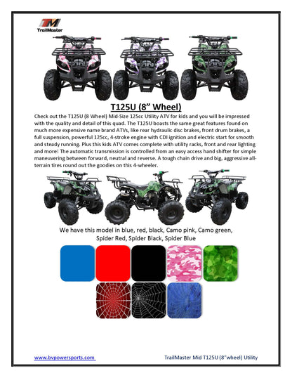 TrailMaster T125U Rancher ATV, 125cc, Automatic Transmission with Reverse, 19-Inch Tires, 8-Inch Rims