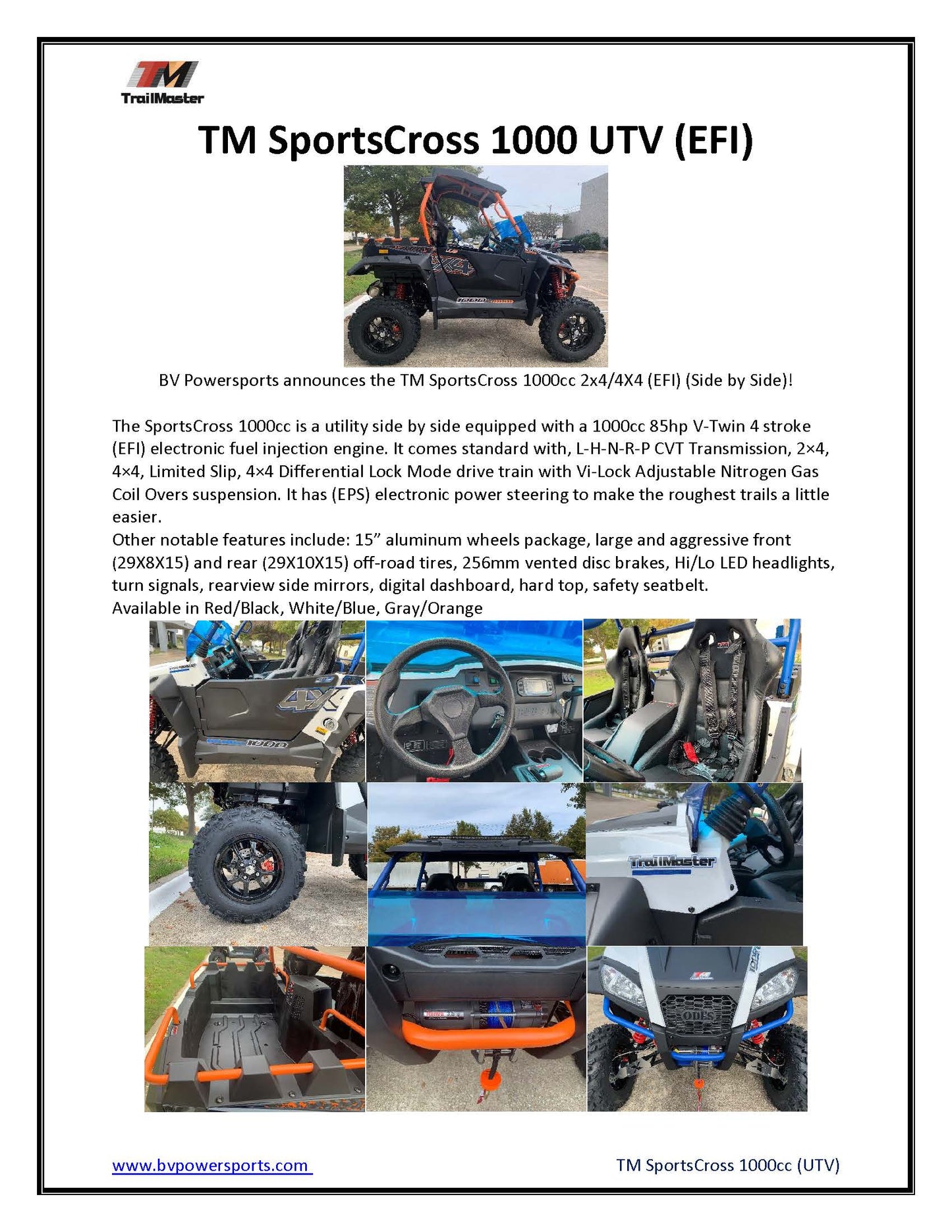 Trailmaster Sports Cross 1000cc 4X4, Ships Fully Assembled, Vi LOCK Fully Independent Suspension, Power Steering. Fully Assembled and Ship via car carrier to your door