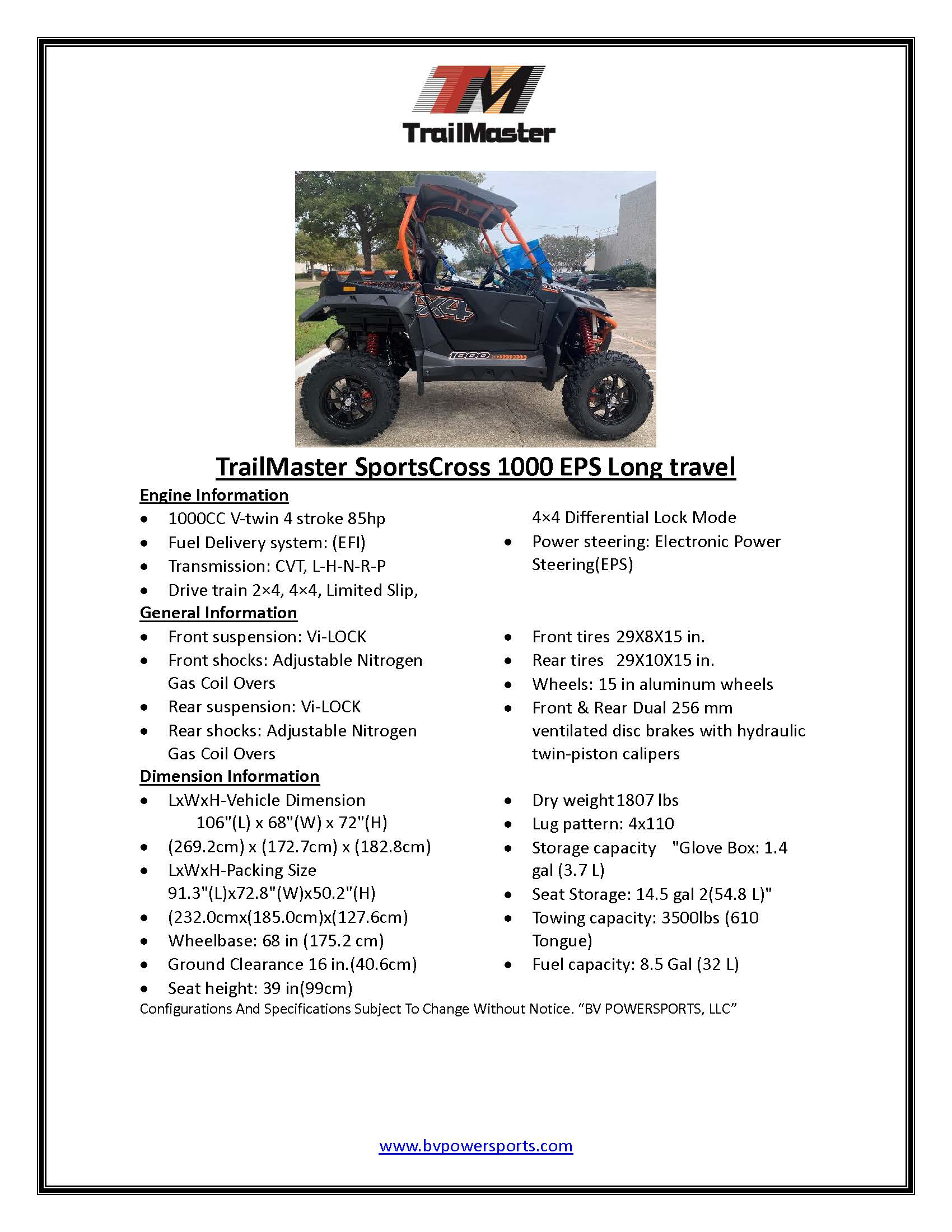 Trailmaster Sports Cross 1000cc 4X4, Ships Fully Assembled, Vi LOCK Fully Independent Suspension, Power Steering. Fully Assembled and Ship via car carrier to your door