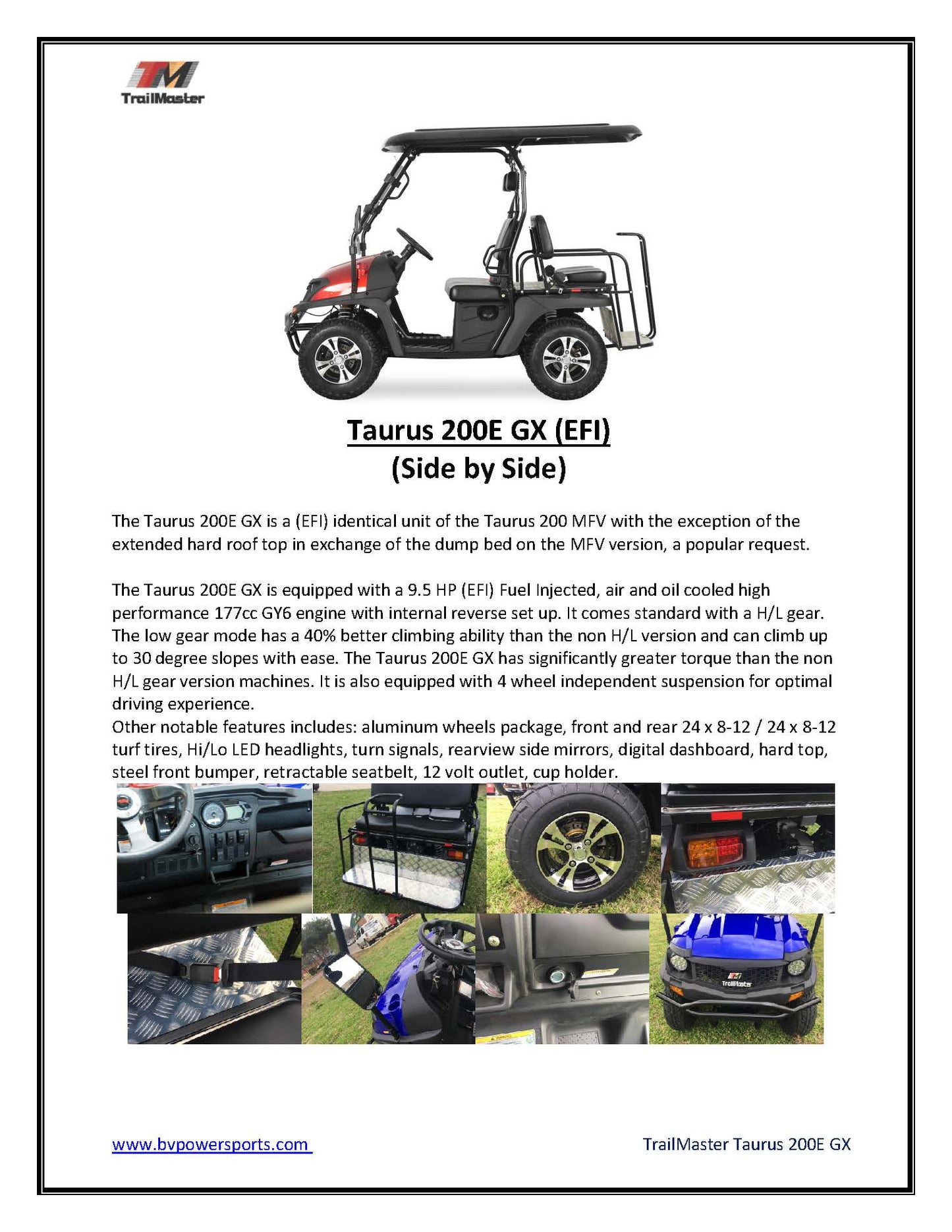 TrailMaster Taurus 200E-GX UTV Fuel-Injection-System Golf cart extended roof long roof, 4 seat with optional dump bed