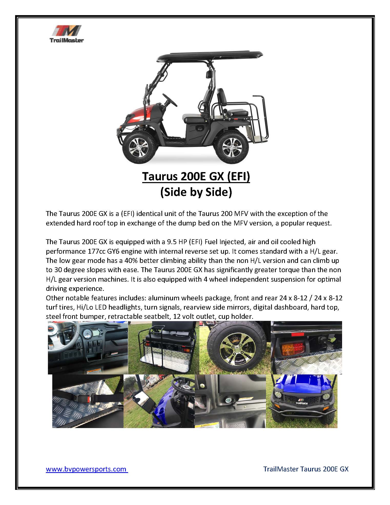 TrailMaster Taurus 200E-GX UTV Fuel-Injection-System Golf cart extended roof long roof, 4 seat with optional dump bed