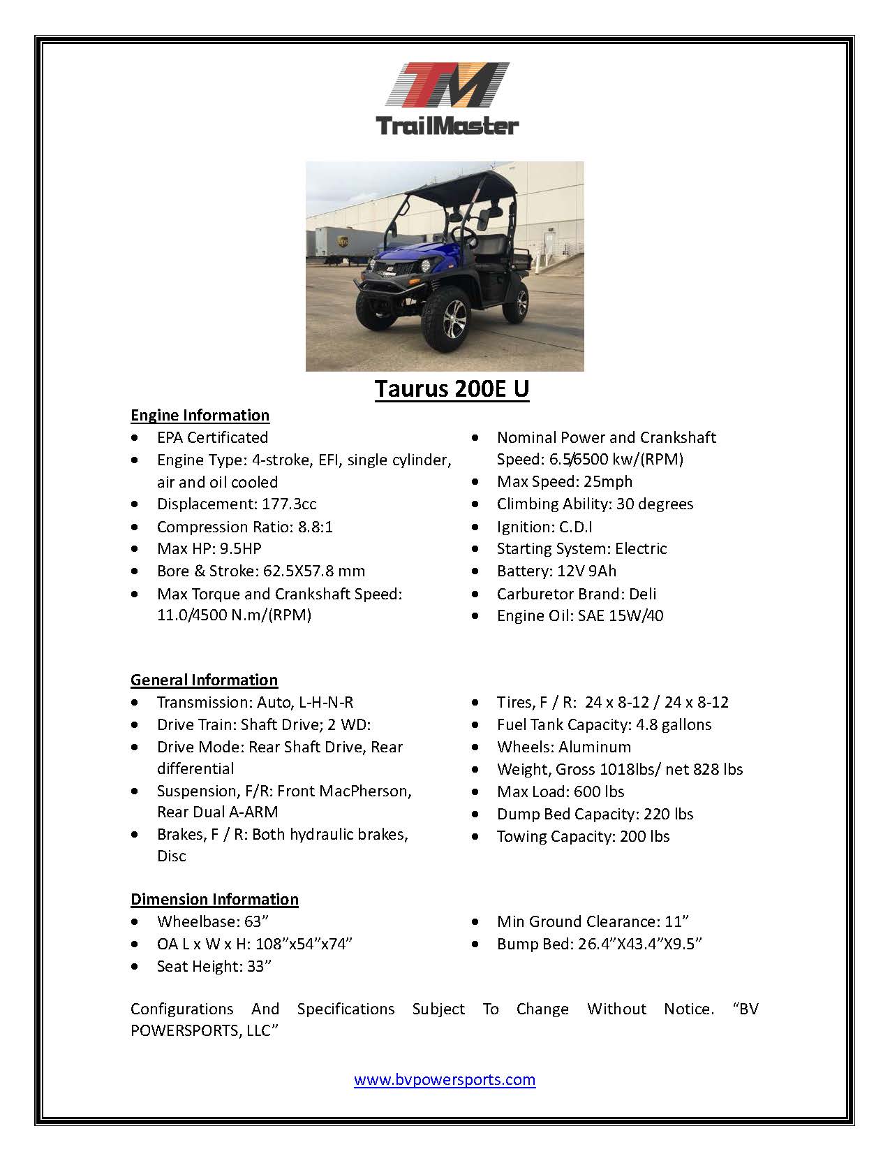 TrailMaster Taurus 200E-U EFI UTV / Golf Cart / side-by-side Fuel Injected, Light Weight Utility