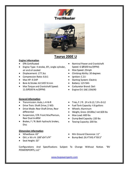 TrailMaster Taurus 200E-U EFI UTV / Golf Cart / side-by-side Fuel Injected, Light Weight Utility