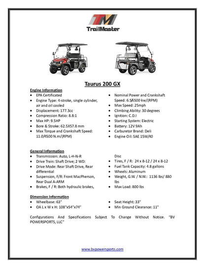 TrailMaster Taurus 200GX UTV / Golf Cart / side-by-side With Full length roof. Four seat cargo area  DOT light package