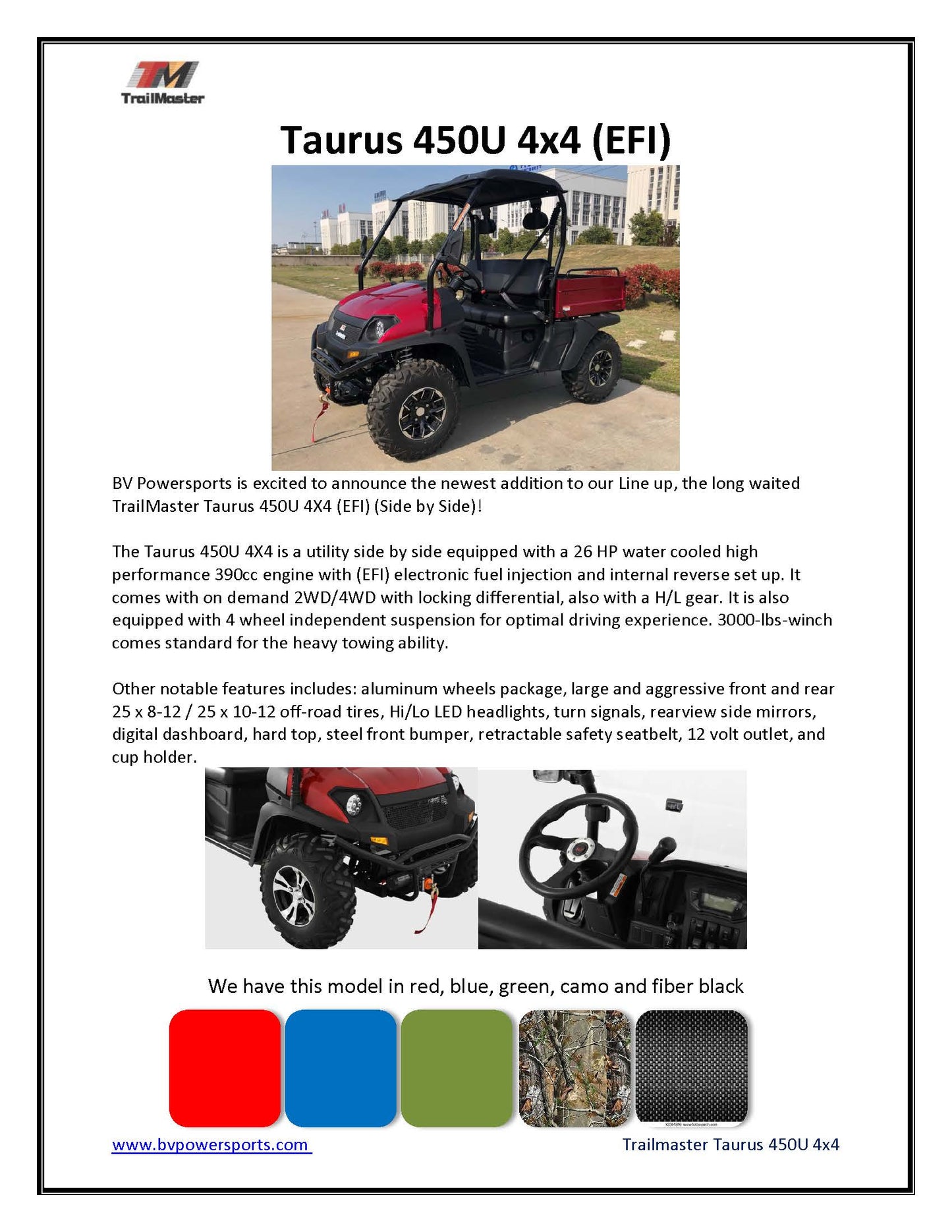 Trailmaster Taurus 450-U UTV High/Low Gear- 4 wheel Drive, Front and Rear Lock Out, Shaft Drive, 200 Lb. Dump Bed.