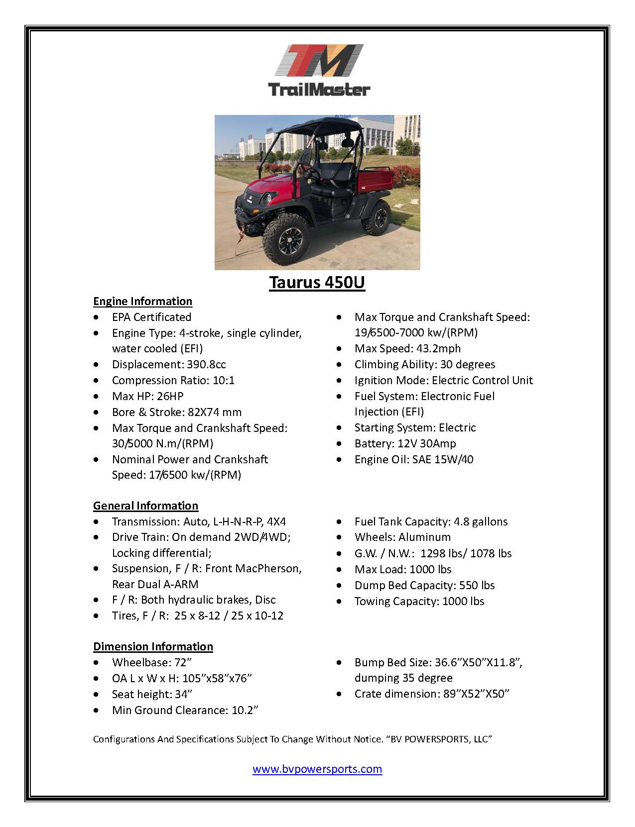Trailmaster Taurus 450-U UTV High/Low Gear- 4 wheel Drive, Front and Rear Lock Out, Shaft Drive, 200 Lb. Dump Bed.