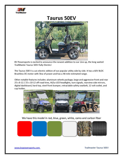 Trailmaster Taurus 50EV, 60 Volt, 4 Seats, rear cargo area, Brushless motors, Full DOT light package included, Optional dump bed