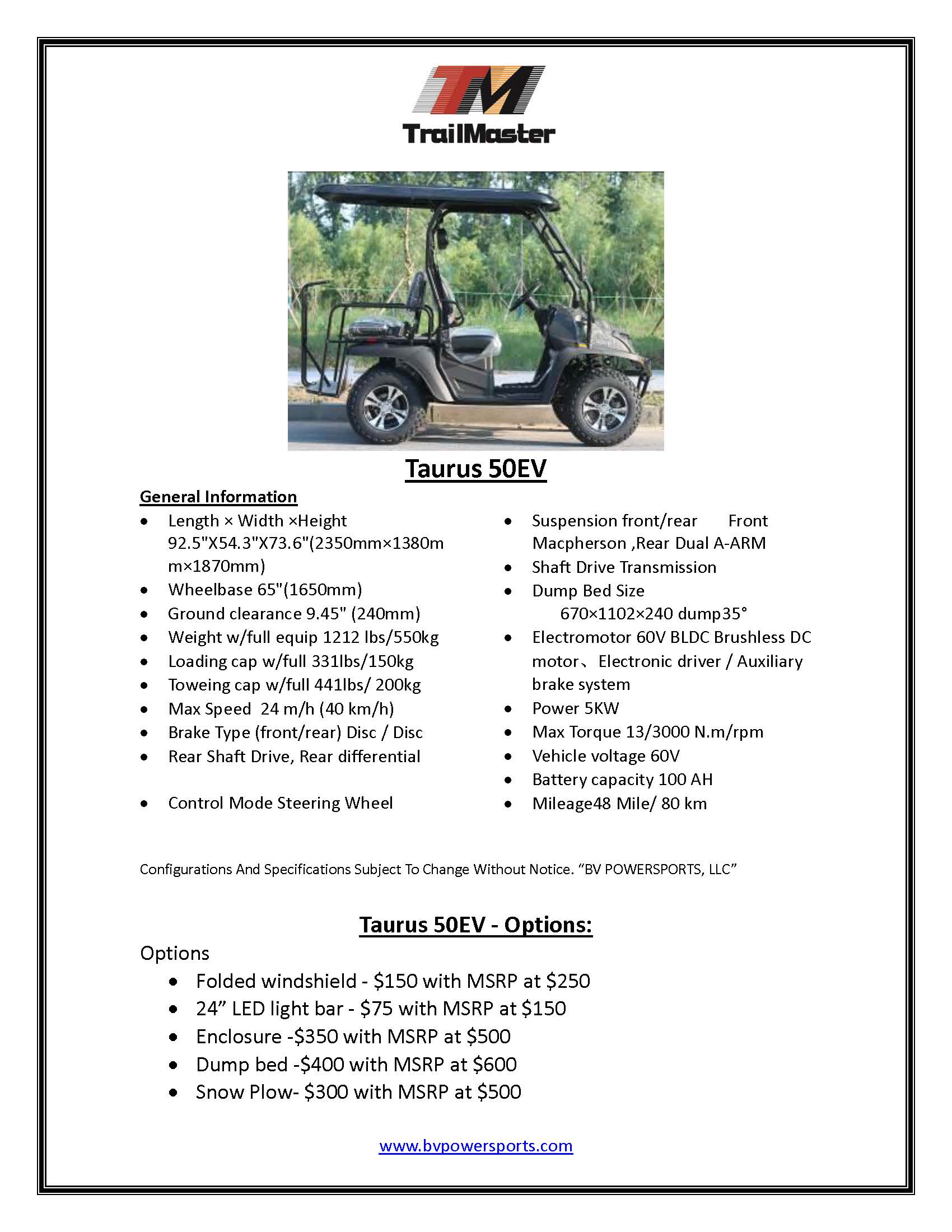 Trailmaster Taurus 50EV, 60 Volt, 4 Seats, rear cargo area, Brushless motors, Full DOT light package included, Optional dump bed