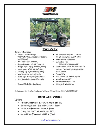 Trailmaster Taurus 50EV, 60 Volt, 4 Seats, rear cargo area, Brushless motors, Full DOT light package included, Optional dump bed