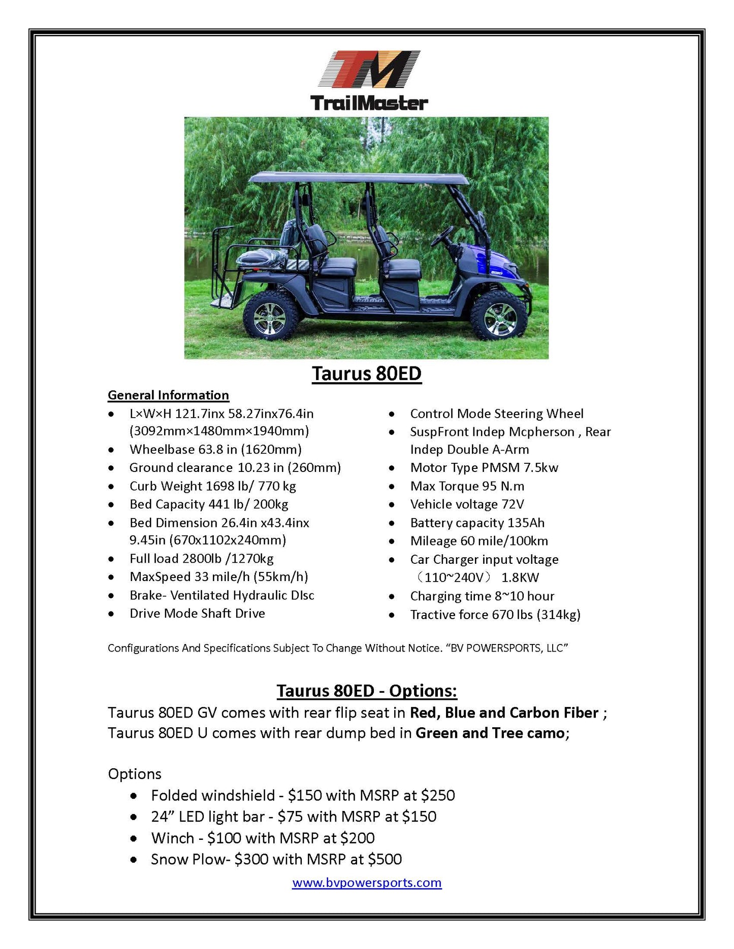 Taurus 80ED GV 6 seat, 72 volt, Rear seat flips over for storage, extended roof, McPherson Strut suspension