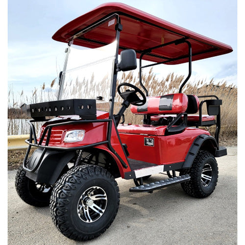 New 48v Electric Golf Cart Lifted & Loaded eMACHINE - RED Street Ready Light Package & Flip Seat