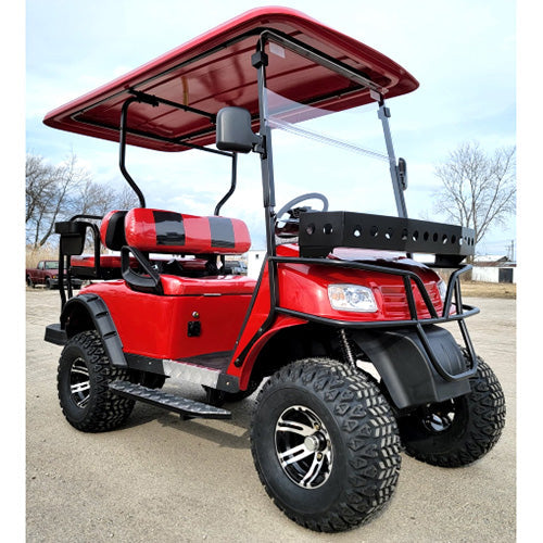 New 48v Electric Golf Cart Lifted & Loaded eMACHINE - RED Street Ready Light Package & Flip Seat
