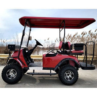 New 48v Electric Golf Cart Lifted & Loaded eMACHINE - RED Street Ready Light Package & Flip Seat