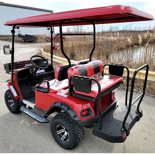 New 48v Electric Golf Cart Lifted & Loaded eMACHINE - RED Street Ready Light Package & Flip Seat