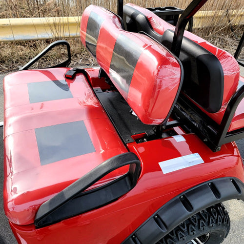 New 48v Electric Golf Cart Lifted & Loaded eMACHINE - RED Street Ready Light Package & Flip Seat