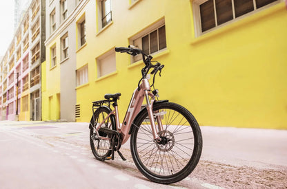 GIO STORM STEP-THRU ELECTRIC BIKE ROSE GOLD WITH INTEGRATED SAMSUNG BATTERY - 48V 13Ah 500W, top speed 20 mph, range 46 miles - 100% FINANCING AVAILABLE!